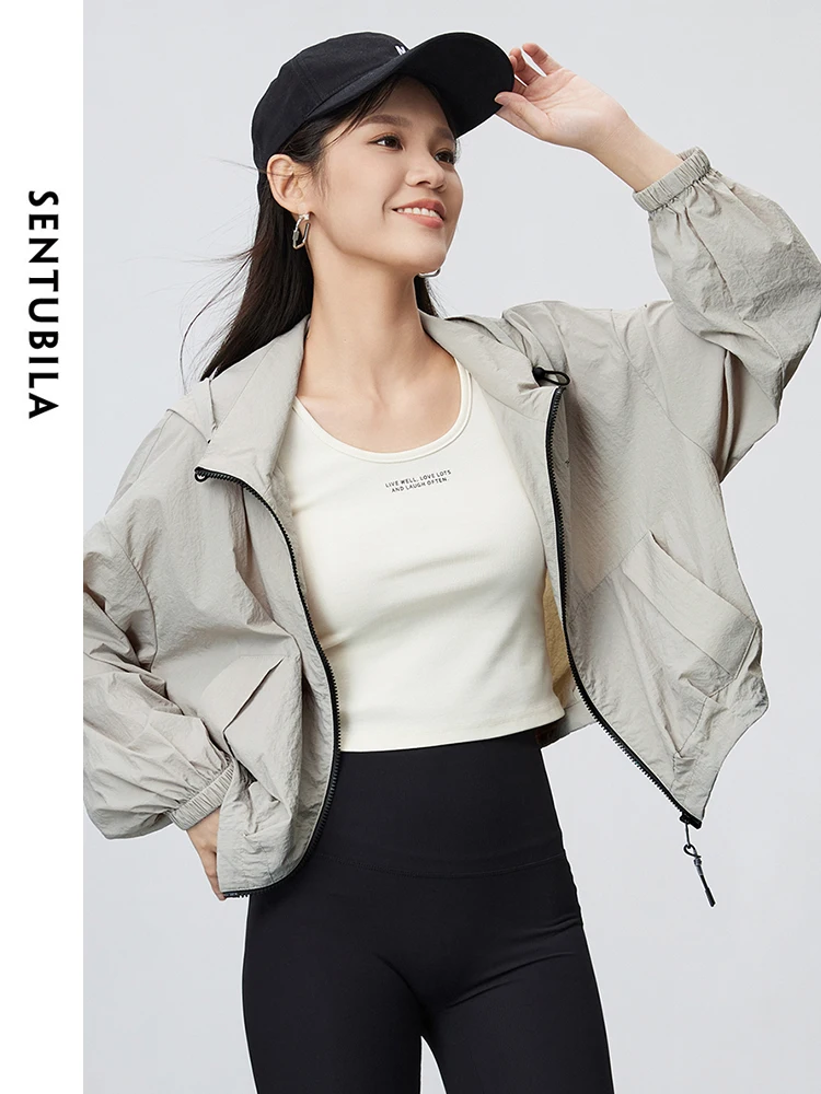 

SENTUBILA Casual Loose Hooded Jackets for Women 2024 Summer Stand Neck Patchwork Zipper Women Sunscreen Coat UPF50+ 142W54721