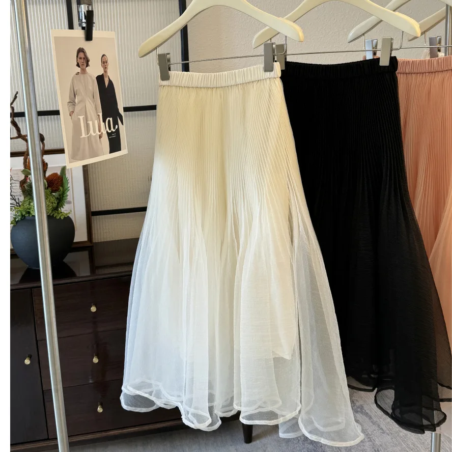 ALPHALMODA Romantic Gauze Skirt, Pleated Mid-length, Fishtail Skirt, French Style, Fluffy A-line Skirt