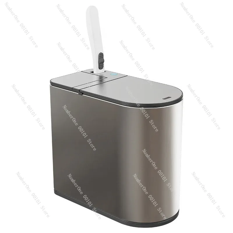 

Minimalist Stainless Steel Smart Trash Can with Integrated Toilet Brush Automatic Sensor Waste Bin Slim Narrow Gap Bathroom