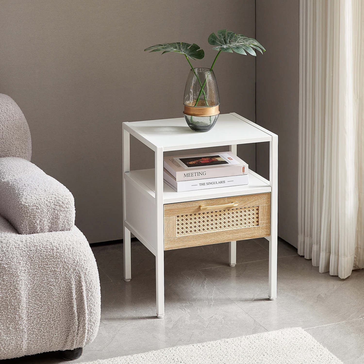 

15.75" Rattan End table with drawer, Modern nightstand, metal legs,side table for living room, bedroom,white(1 pc)