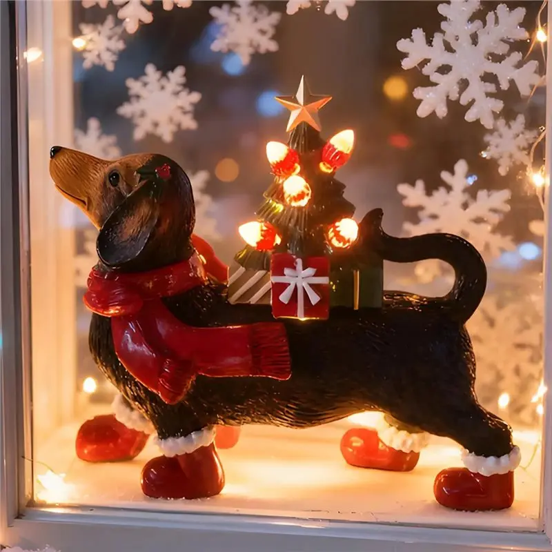 F-T Dachshund Figurines Cute Lighted Sculpture Dog Christmas Decor Small Figurines For Desk Table Shelf Home Bedroom Room
