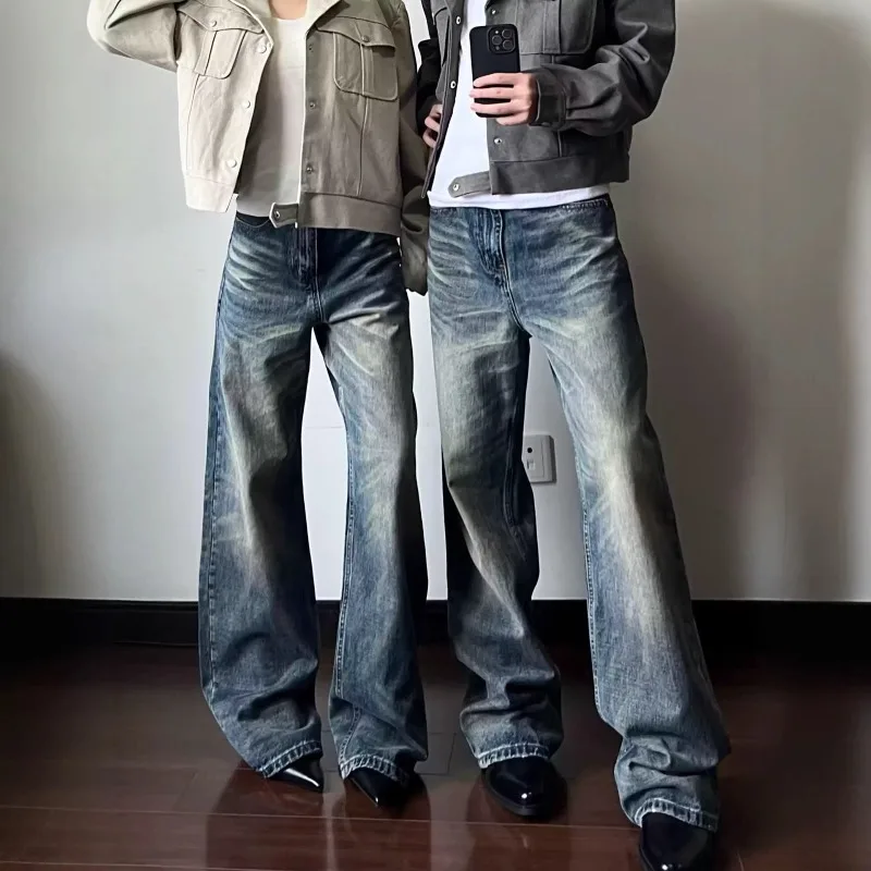 Men American Vintage Washed Jeans Mark Loose Straight Leg Trousers Cleanfit Baggy Denim Pants Male Streetwear Long Pants