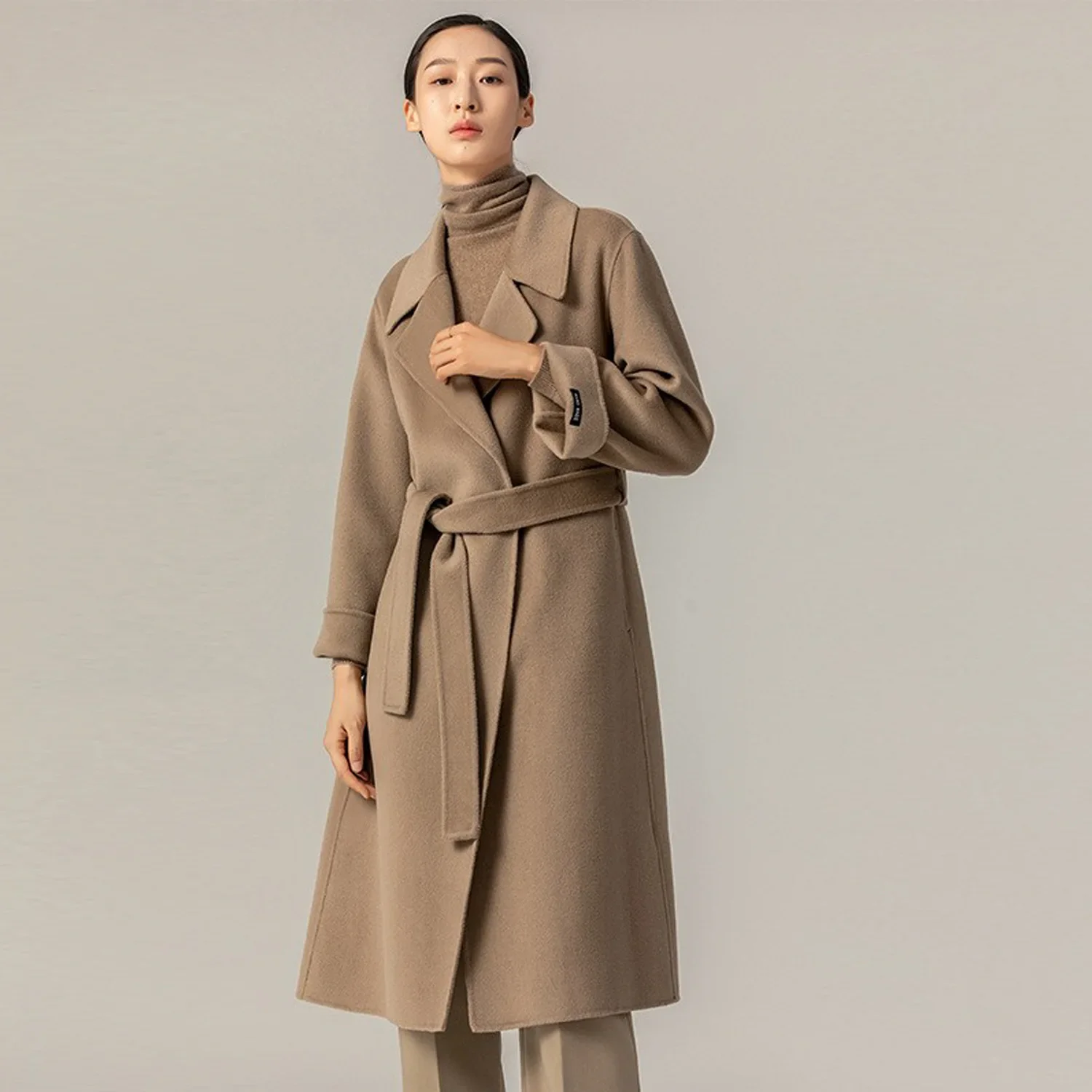 

Autumn and winter Korean version extended 10% cashmere coat over knee strap double-sided woolen coat women's wool coat