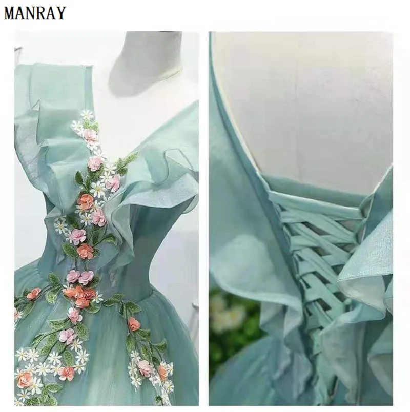 MANRAY Foto Real Vestido Quinceanera Elegante V-neck Partido Prom Ball Gown mangas Floral Imprimir Quinceanera Vestidos Vestidos