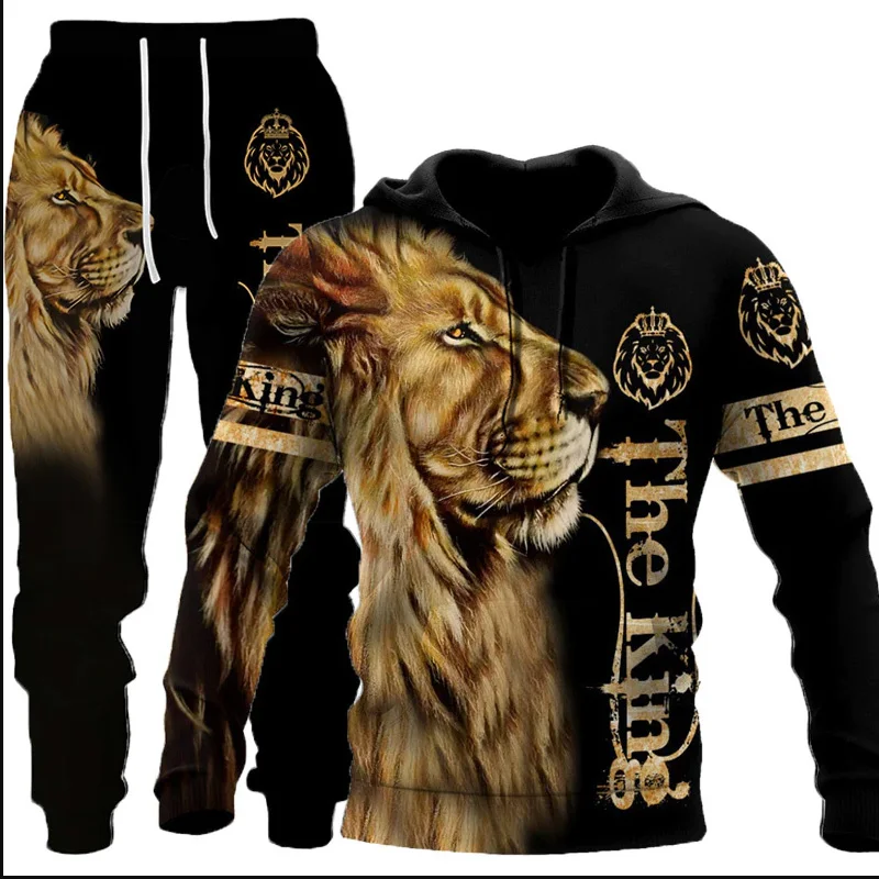 Fashion Wolf Printed Hoodie Pants Suit Street Hip Hop Clothing Male Sweatpants Autumn Winter Casual Sweatshirt Men Tracksuit Set