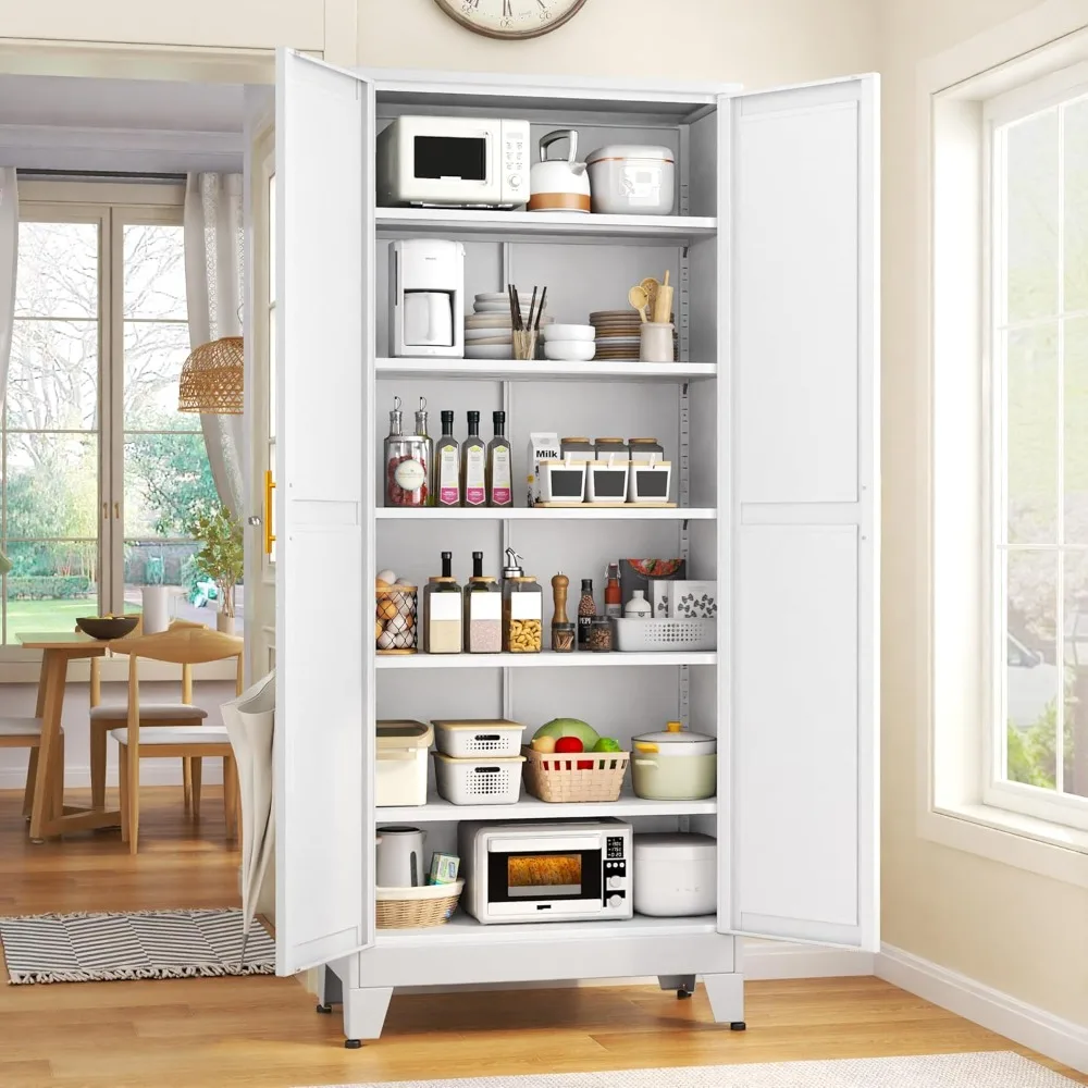 

white metal kitchen pantry cabinet with 2 doors and 5 adjustable shelves, standing at 75.2 inches tall