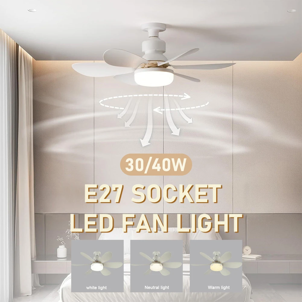 30W/40W Socket Fan Lamp E27 Base Wireless Remote Control LED Bulb Ceiling Fan Replacement for Living Room Kitchen Balcony