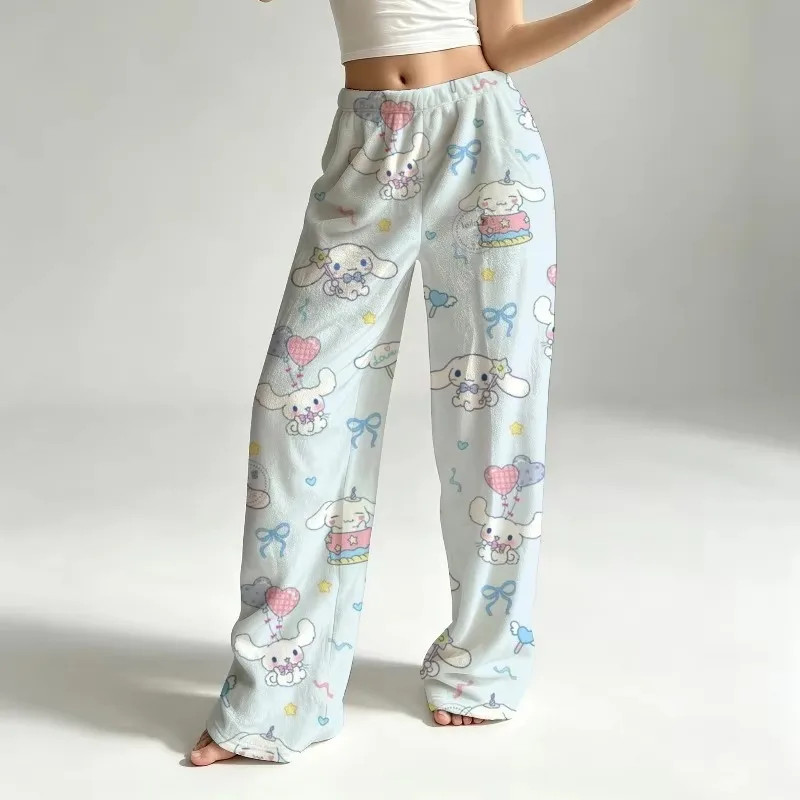 Hello Kitty Strawberry Flannel Pajama Pants Women Pink Print Wide Leg Soft Fleece Sleepwear Elastic Waist Home Trousers Gift