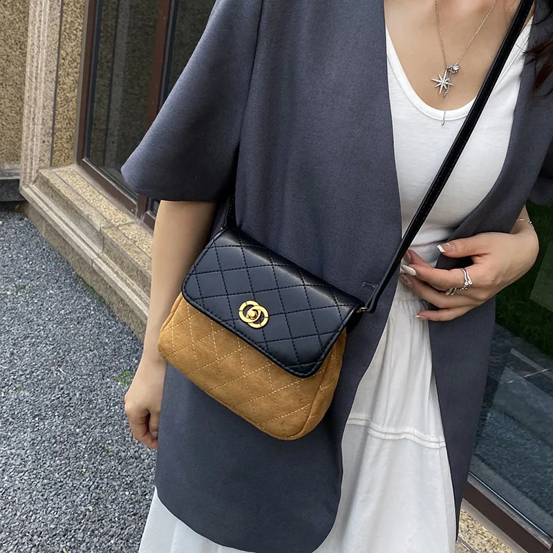 

2025 Suede Quilted Chain Bag – Vintage Colorblock Crossbody Purse for Women, Retro Shoulder Bag with Rhinestone Clasp