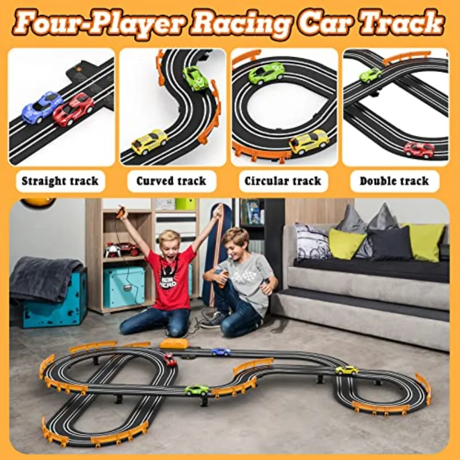 Slot Car Race Track Set For Indoor Racing Application, Plastic And Metal Materials, Red And Blue Colors, Includes 4 High-Speed