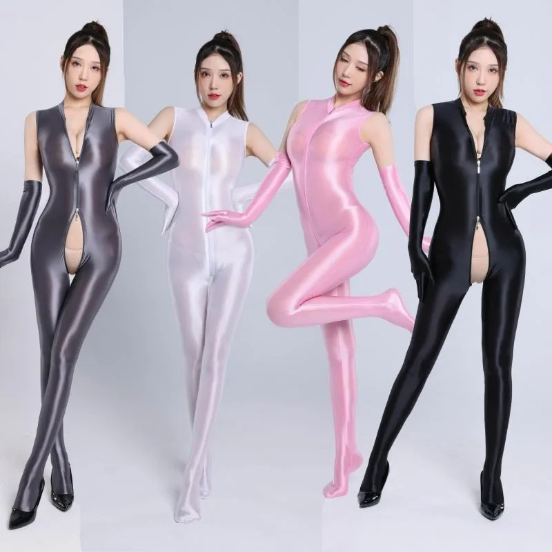 

Women's Shiny Satin Bodysuit Jumpsuit Zipper Open Crotch Catsuit Romper Clubwear Sexy Dancer Party Game