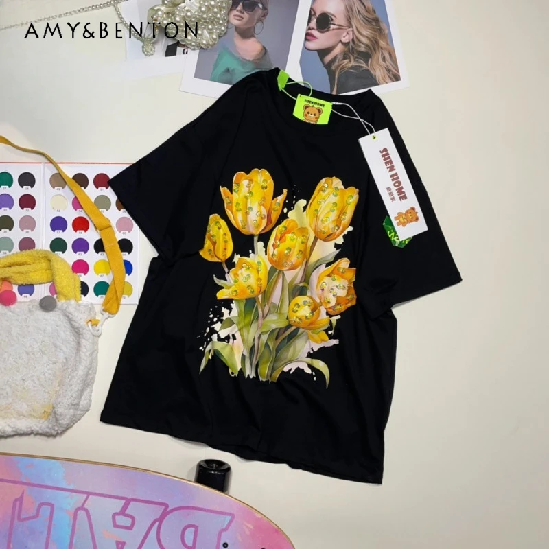 

2025 Summer New Korean Style Top Tees Sweet Beaded Flower Print Stylish Loose O-Neck Short Sleeved Y2k T-shirt Harajuku Clothes