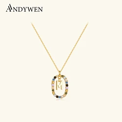 ANDYWEN 925 Sterling Silver Gold Initial C Alphabet Letter E F R Pendant Long Chain Necklace 2021 Women Rainbow CZ Jewelry