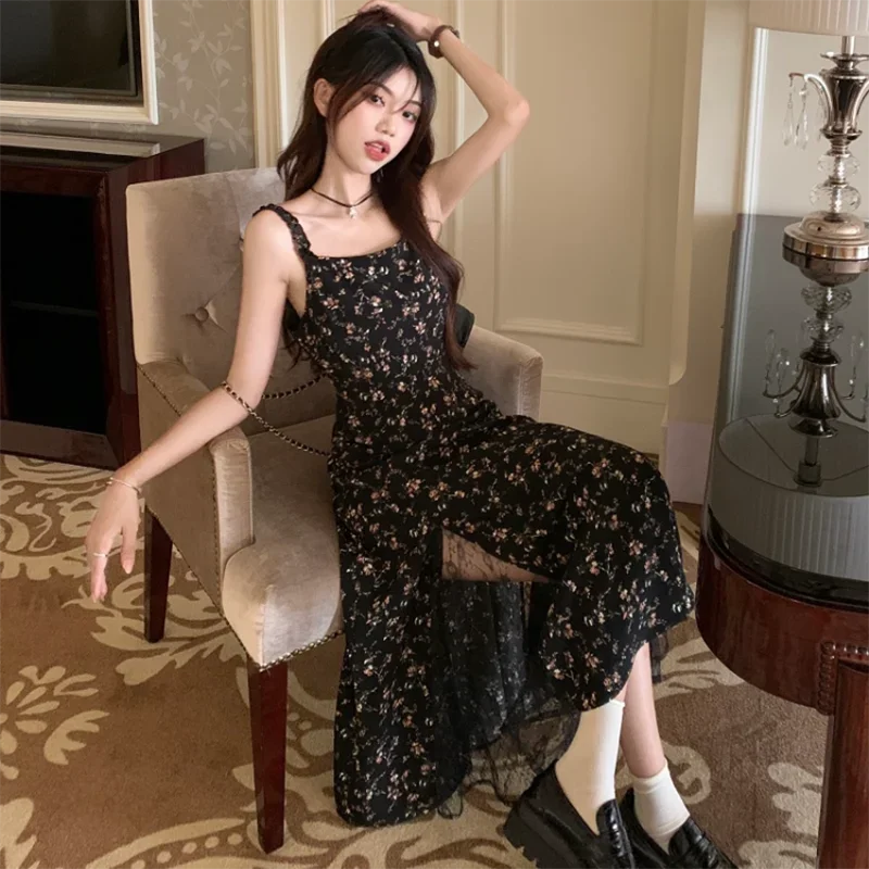 

Sexy Sleeveless Mesh Camis Dress Women Korean Fashion Irregular Split Floral Dresses Vintage Chic Slim Thin Strap Dress Summer