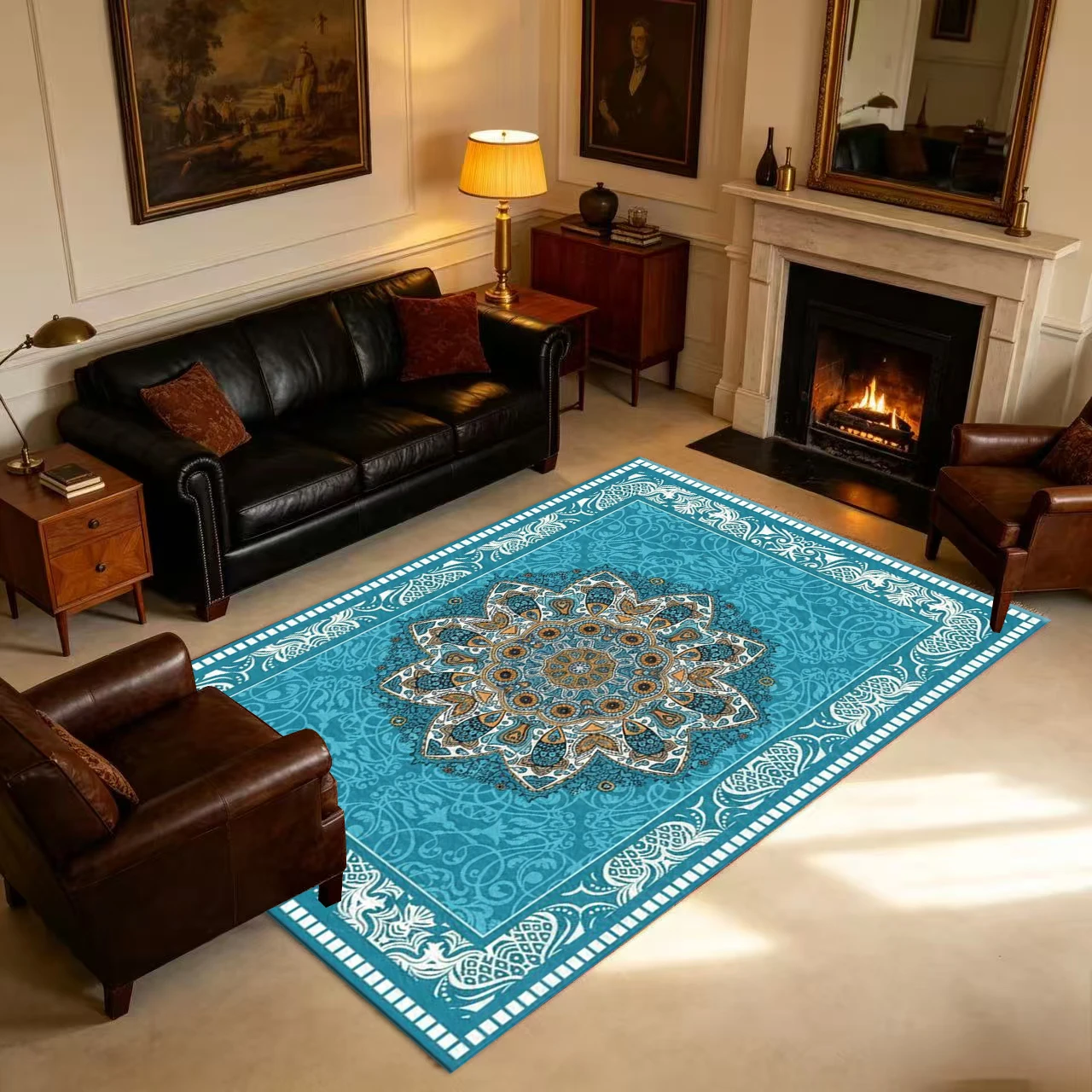 Teal Blue Mandala Square Area Rug Bohemian Floral Ornate Printed Floor Carpet for Living Room Bedroom Home Decor