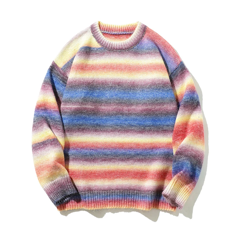 Sweater bergaris warna-warni pria pullover grafis lengan panjang Fit reguler sweater rajut Crewneck lembut nyaman pria