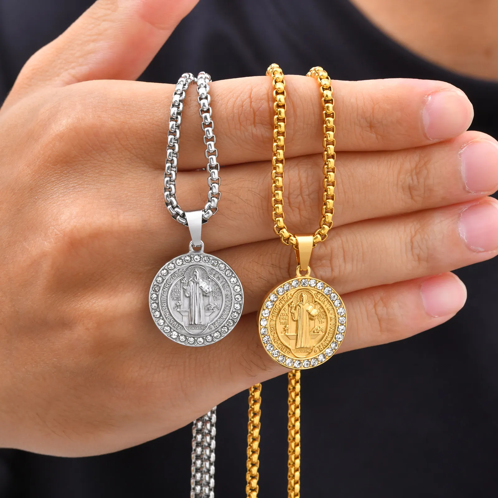Luxury St. Benedict Medal Necklace for Men,Hip Hop Stainless Steel CZ Saint Benedict Pendant Necklace,Religious Jewelry