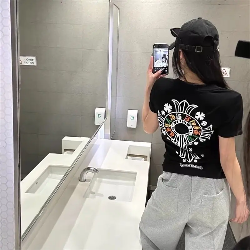 

Women's Short-sleeve T-shirt with Colorful Sanskrit Cross Print - New Summer Style, Pure and Sexy, Slim-fit, Figure-flattering,