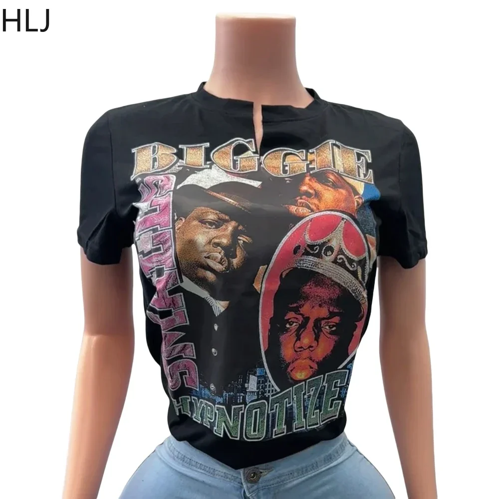 HLJ&GG Black Fashion Graphic T Shirts Women V Neck Short Sleeve Slim Crop Top Trend Printing Hip Hop Cool Girl Streetwear 2025