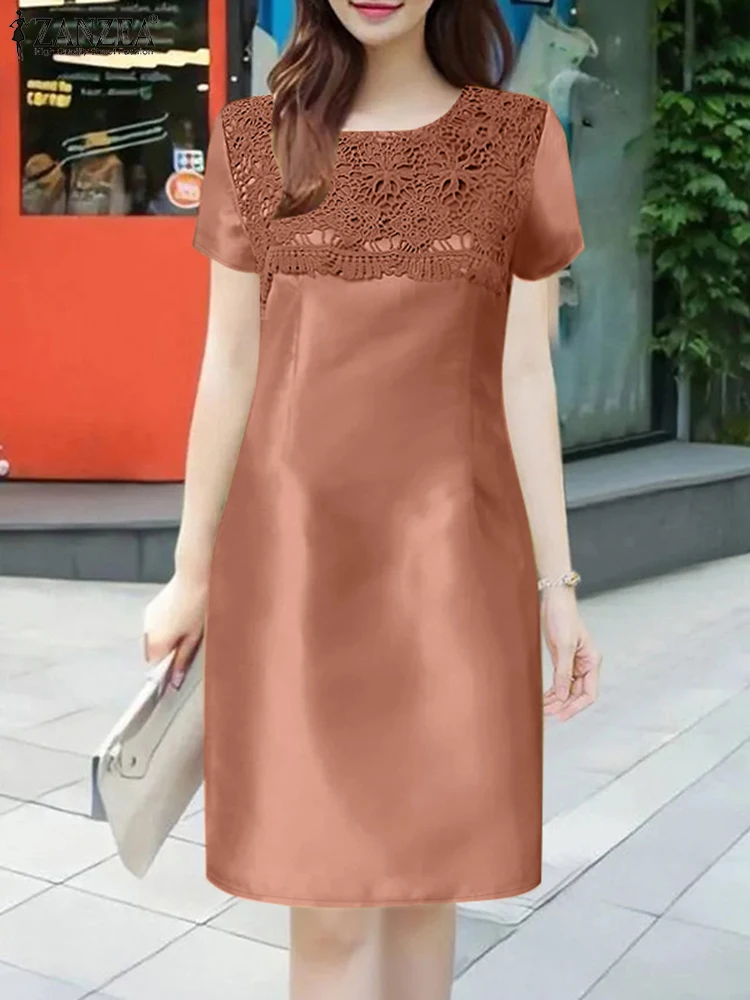 ZANZEA Damskie Sukienki Jednolite Kolorystycznie Krótki Rękaw Elegancki Dekolt O-Neck Satynowe Vestidos Do Pracy Koronkowe Wstawki 2025 Letnie Sukienki Do Kolan