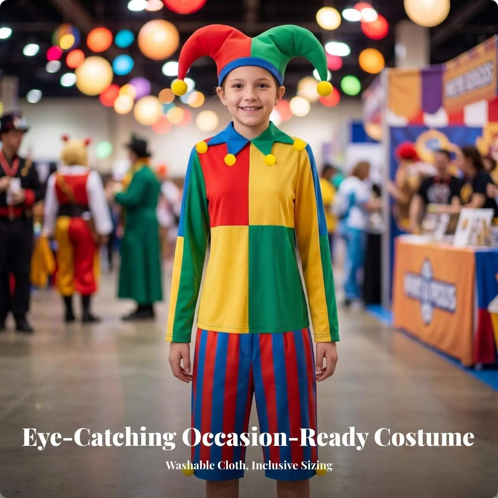 Lightweight Polyester Clown Outfit for Men Bright Red Green Yellow Blue Patchwork for Stage Show Cosplay