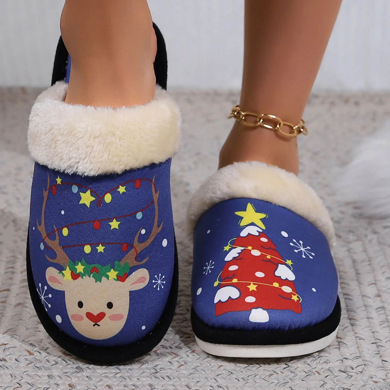 Indoor Womens House Slippers  Couples Winter Christmas Home Warm Non Slip Cotton Drag Men And Women Fashion Platform