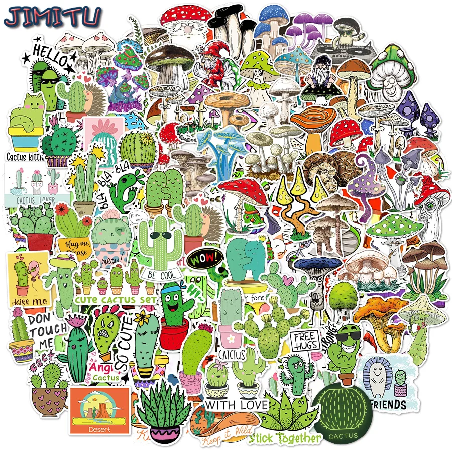 100 PCS Cartoon Cactus Sticker Mushroom Lovely Waterproof Sticker Notebook Skateboard Bicycle  Helmet Kettle Sticker Decoration