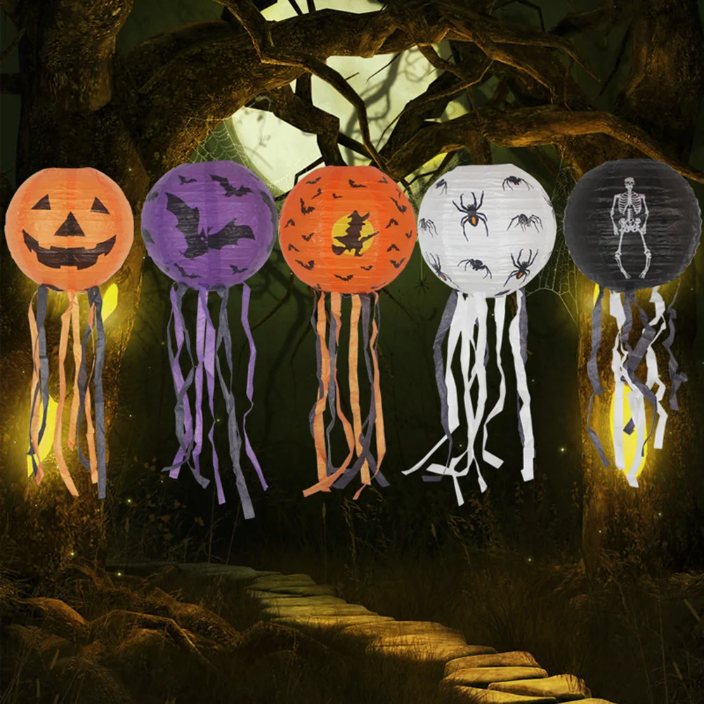 

5Pcs Round Paper Lanterns Halloween Decorative Suspension Tassel Hanging Party Lanterns Halloween Props Suspension Paper Lantern