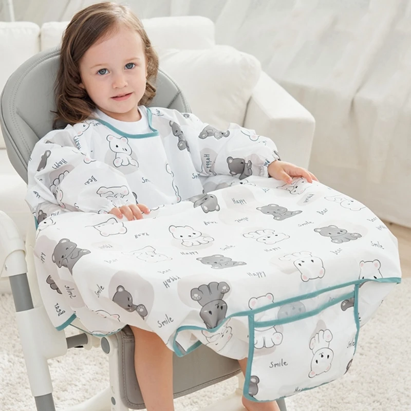 Feeding Bib for Baby Boys Girl 6M-5Y Waterproof Bib Apron Smock with Table Cover Infant Mess-Free Kids Full Coverage Bib image 2