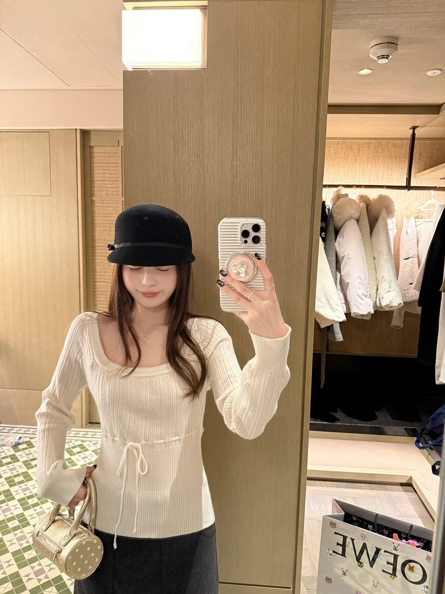 

Y Studio White Tea Soft Weave U-Ne Knitwear Long Sve Embroidery Design Slimming Top Women's Faion Autumn Winter