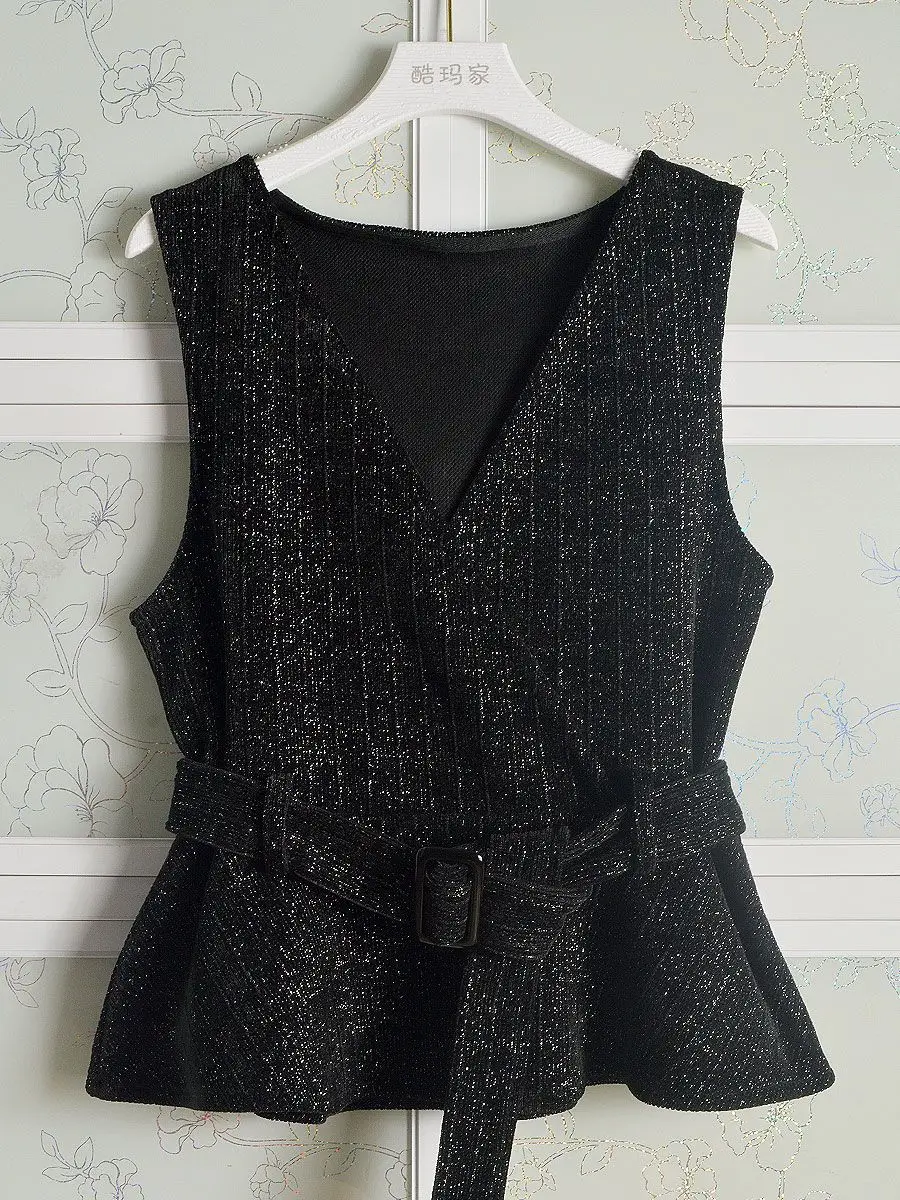 

Элегантный жилет-топ без рукавов с V-образным вырезом, завязками на талии и из блестящего черного шелка, универсальный повседневный жилет для женщин