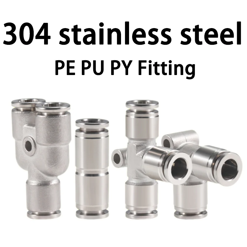 1Pcs PU PY PE 304 Stainless Steel Metal Pneumatic Quick Coupling 4 6 8 10 12 14 16mm Push in Air Hose Connector PU4 PE6 PY8 PE16