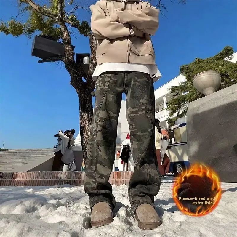 

American Sle Camouflage Fce Lined Jeans Men's High Street Cleanfit Carpenter Denim Pants Straight Leg Loose Fit Jeans