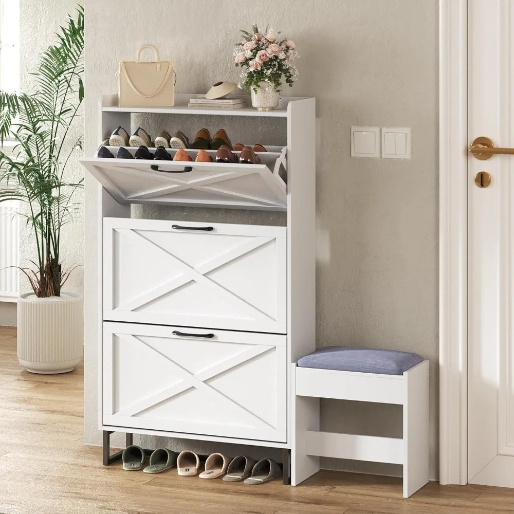

Shoe Storage Cabinet with 3 Flip Drawers, Farmhouse Freestanding Organizer with Bench and Seat Cushion, Narrow Slim Shoe Rack C