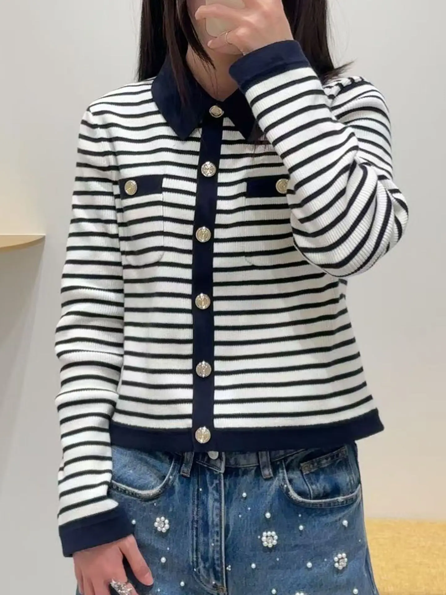 

Women Stripes Long Sleeve Knit Cardigan Splice Single Breasted Casual New 2026 Spring Lady Turn-Down Collar Sweater Top ﻿