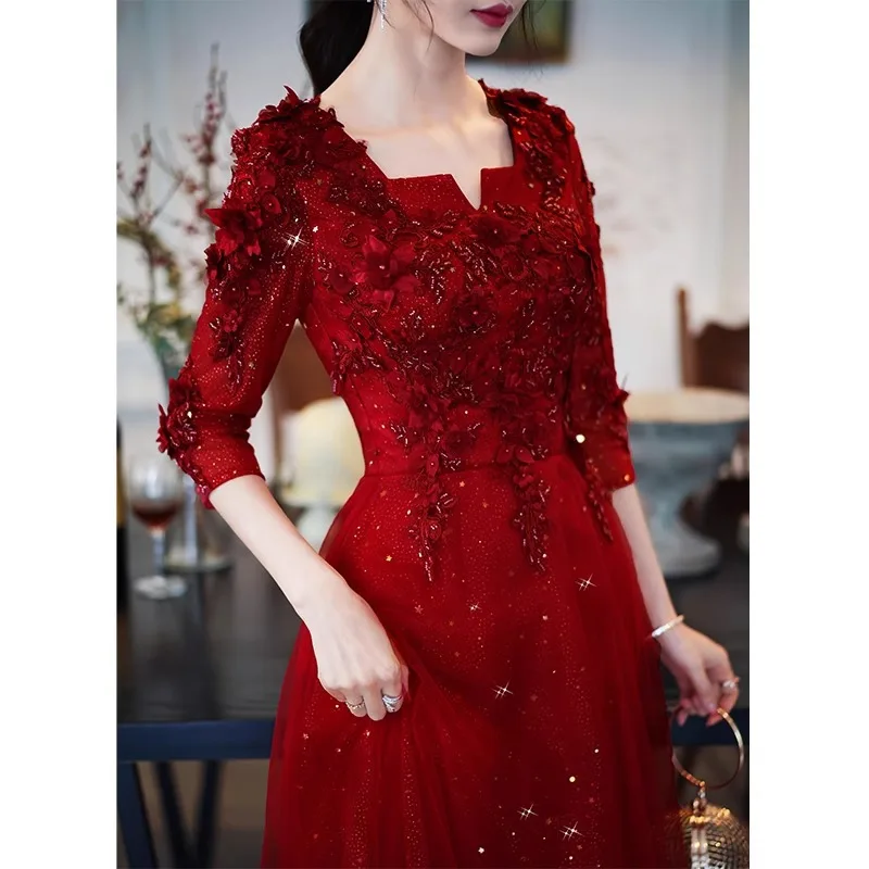 Robe de soiree Wine Red Long Evening Dresses Luxury Appliques Vestido De Festa Women Wedding Formal Party Prom Dress customized