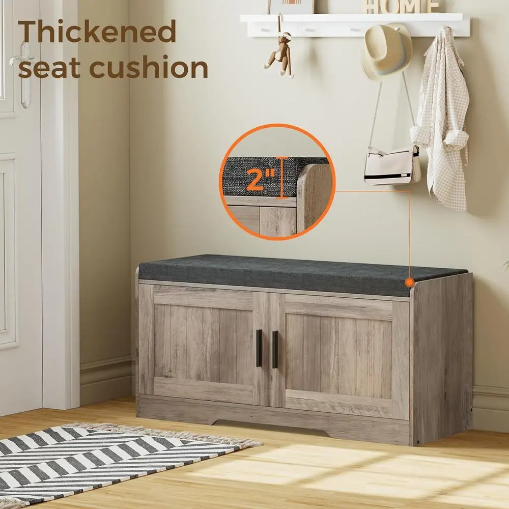 مقعد تخزين الأحذية بطبقة مزدوجة مع وسادة، خزانة ببابين، رف قابل للتعديل، 13.8 × 37.4 × 18.5، مناسب للمدخل، وغرفة المعيشة