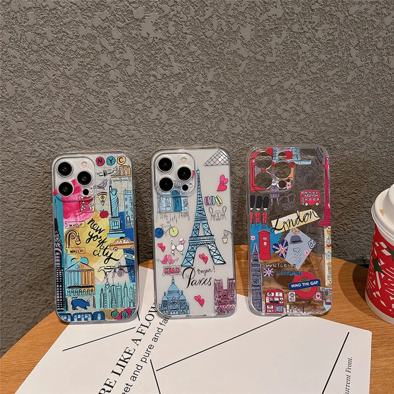 

2024 Travel City Ins Paris New York London Phone Case for iPhone 15 14 13 12 11 Pro Max Plus SE 7 8 X XS XR scenery Soft Cover