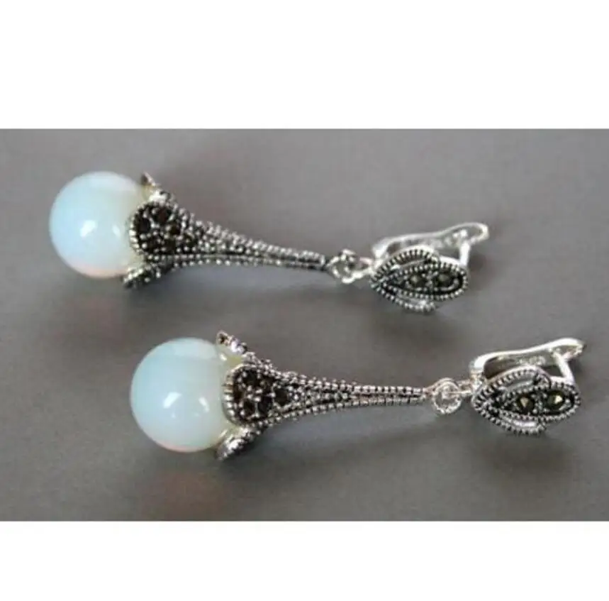 

unique lady's Retro Marcasite 925 Sterling A &White Opalite Opal Earrings Natural stone bread Earing big earrings