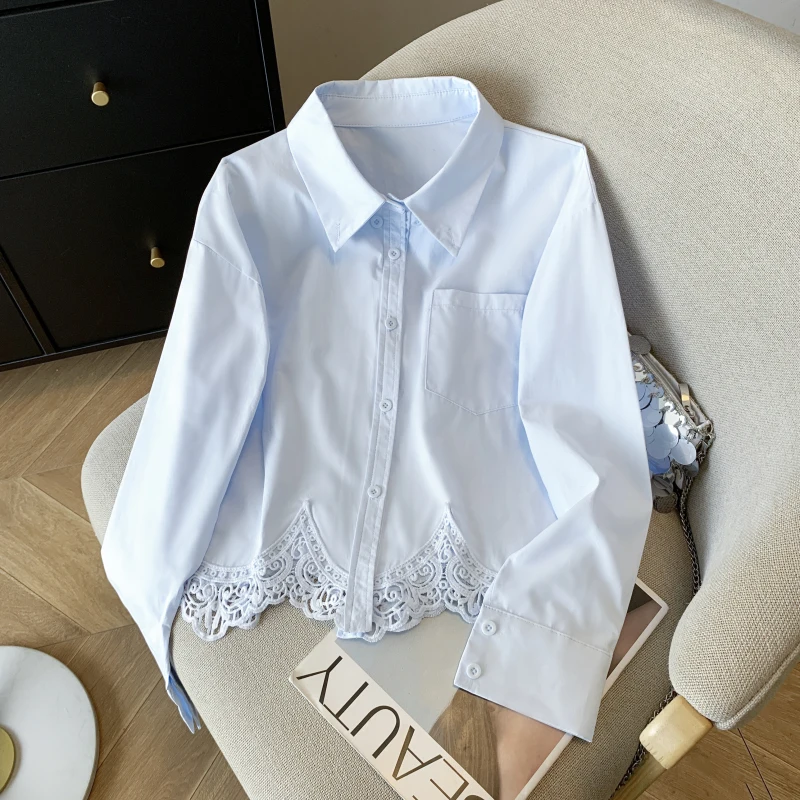エレガントなフレンチスタイルの長袖シャツ、女性用、ターンダウンカラー、ルーズフィット、透かし彫りレースのトリムブラウス、カジュアルな韓国風シックなトップス