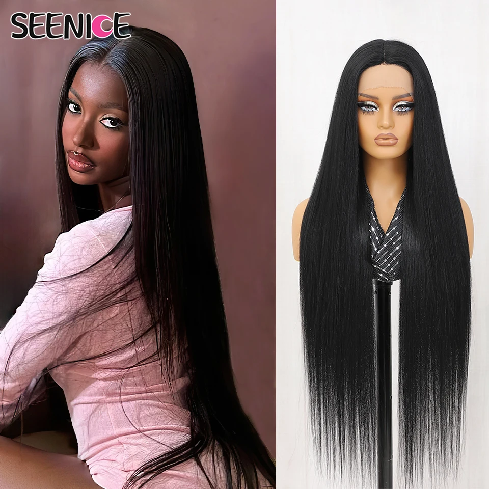 

13x6 HD Lace Frontal Wig 40Inch Synthetic Ombre Black Brown Highlight Long Silk Straight Lace Wig Heat Resistant Cosplay Wigs