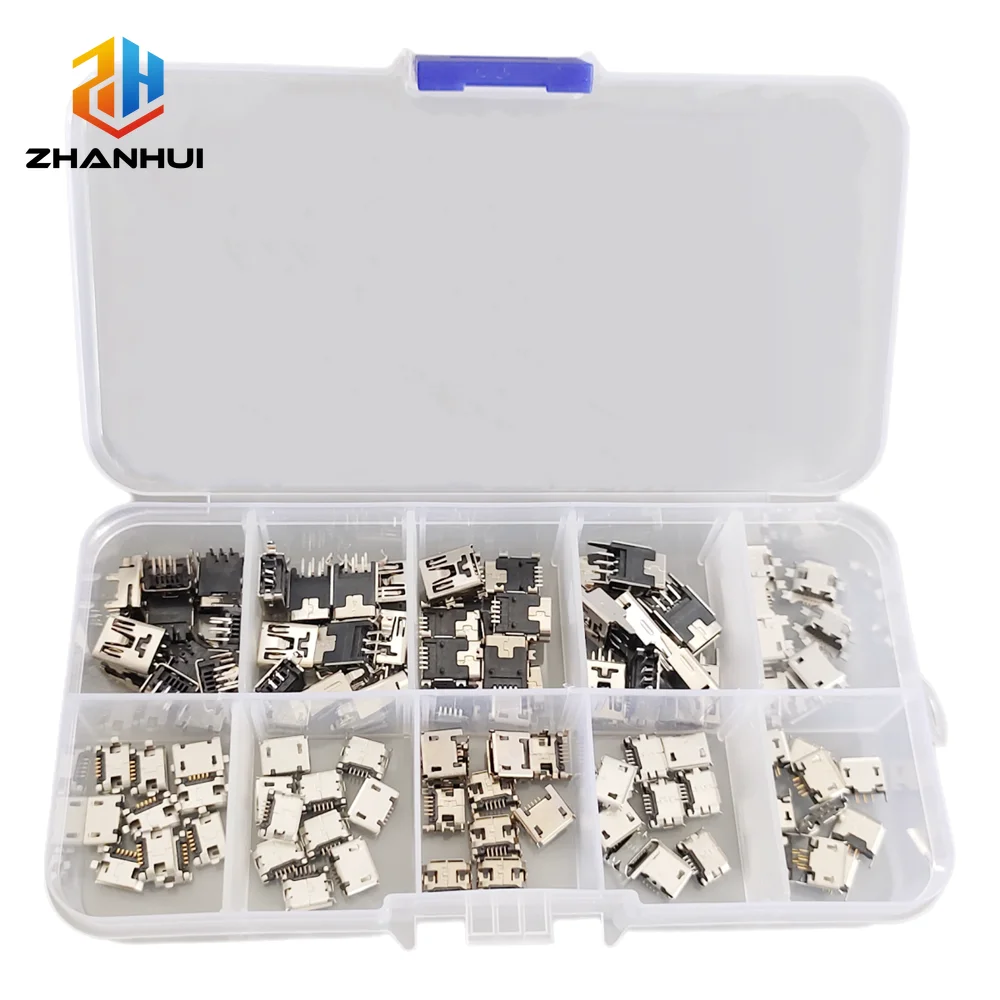 50Pcs Micro USB Female Connector Kit (10 Models) SMD/DIP Solderable Sockets for DIY PCB/Arduino/Repair Projects
