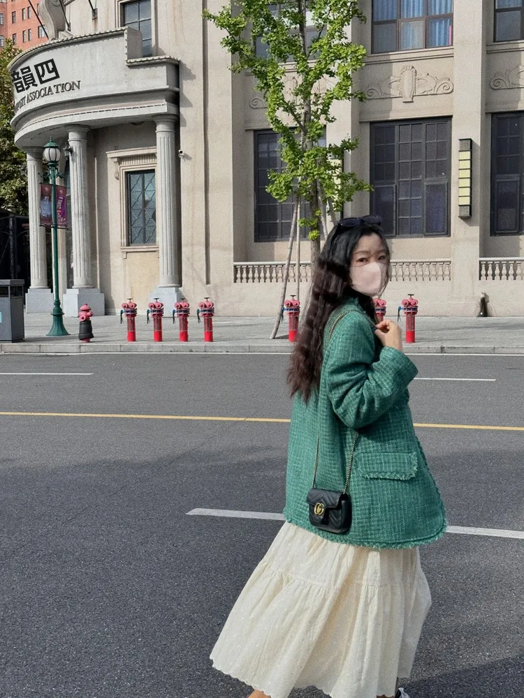 

Left Side Exposure Vintage Pine Green Small Fragrance Woolen Coat High-End Atmosphere Retro Money Style Thick Flower Pattern ...