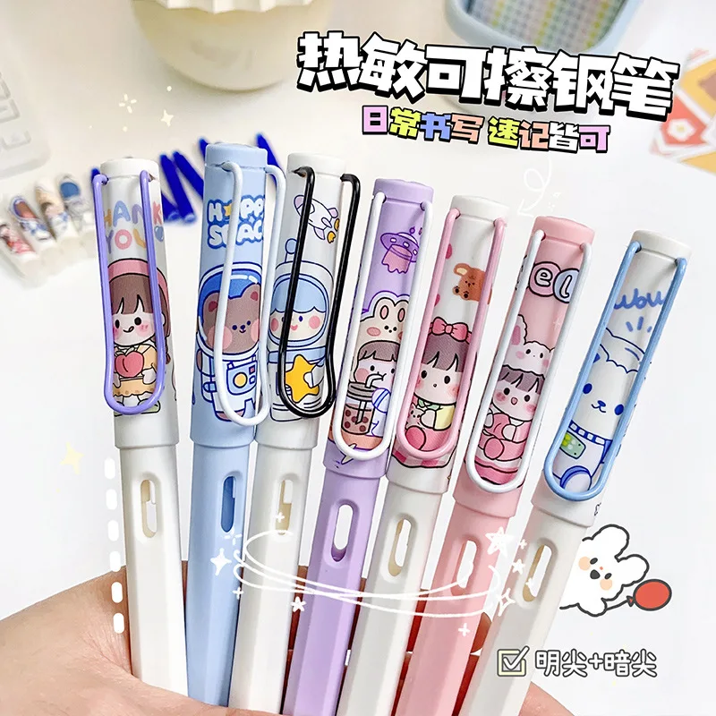 2 Pcs Cute Cartoon Erasable Fountain Pen Set Kawaii Ink Pen Stationery Gift Student Writing Roller Pens Office School Supplies