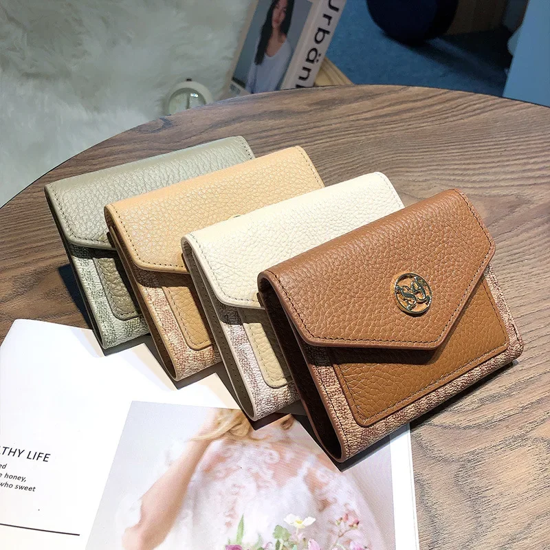 Women Genuine Cow Leather Short Wallet Fashion Coin Simple Card Holder PVC Money Clip Letter Patchwork Small Purse 8Z