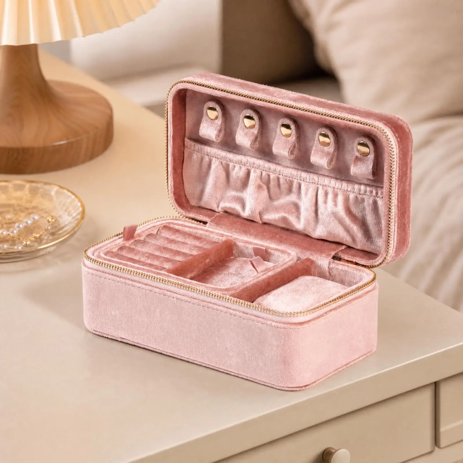 Velvet Jewelry Case Organizer with Watch Compartment and Padded Holders for Travel and Daily Use