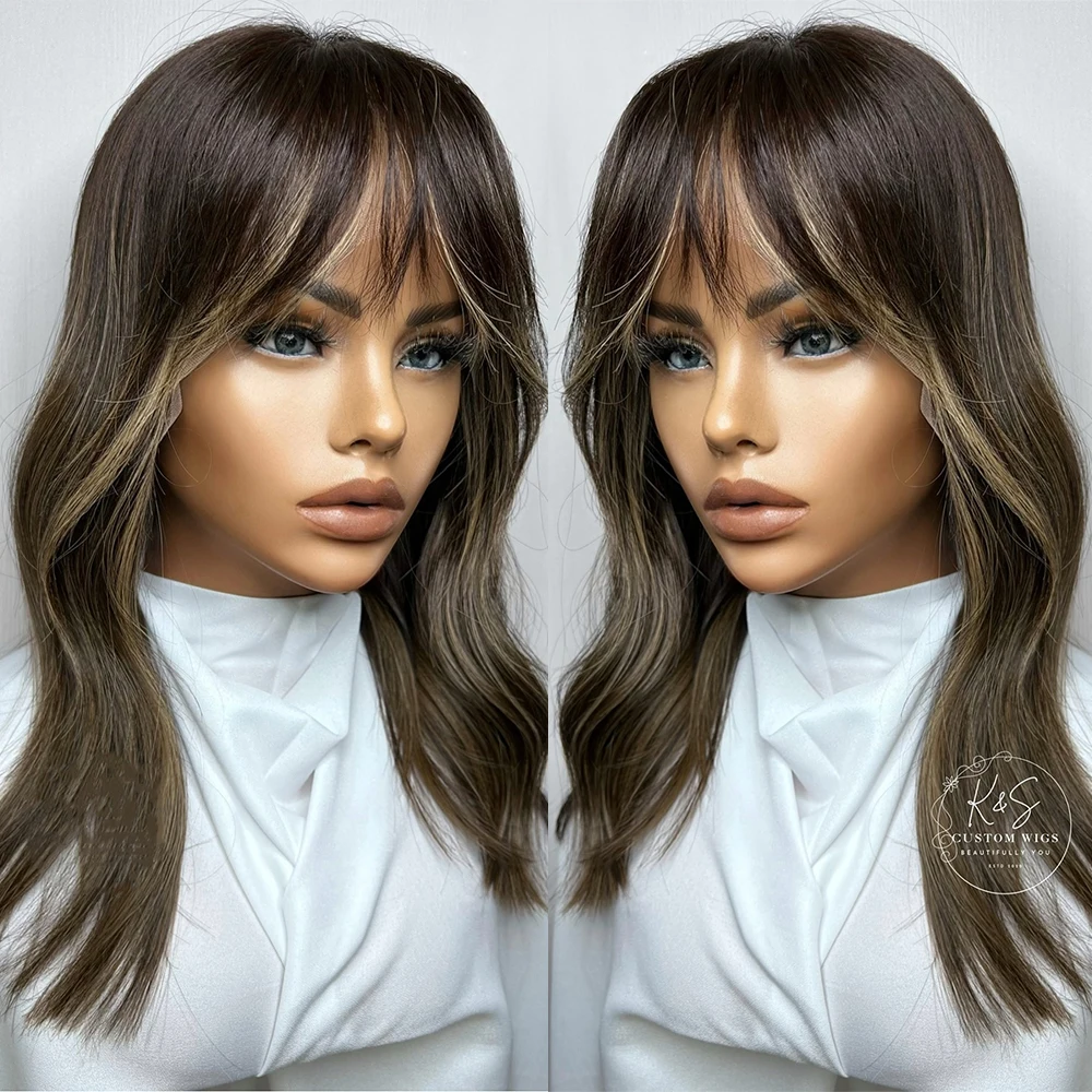Premium Fiber Full Bang Wig Lace Front Brown Caramel Highlighted Synthetic Hair Heat Resistant Fringe Hair for Women Cospaly Wig