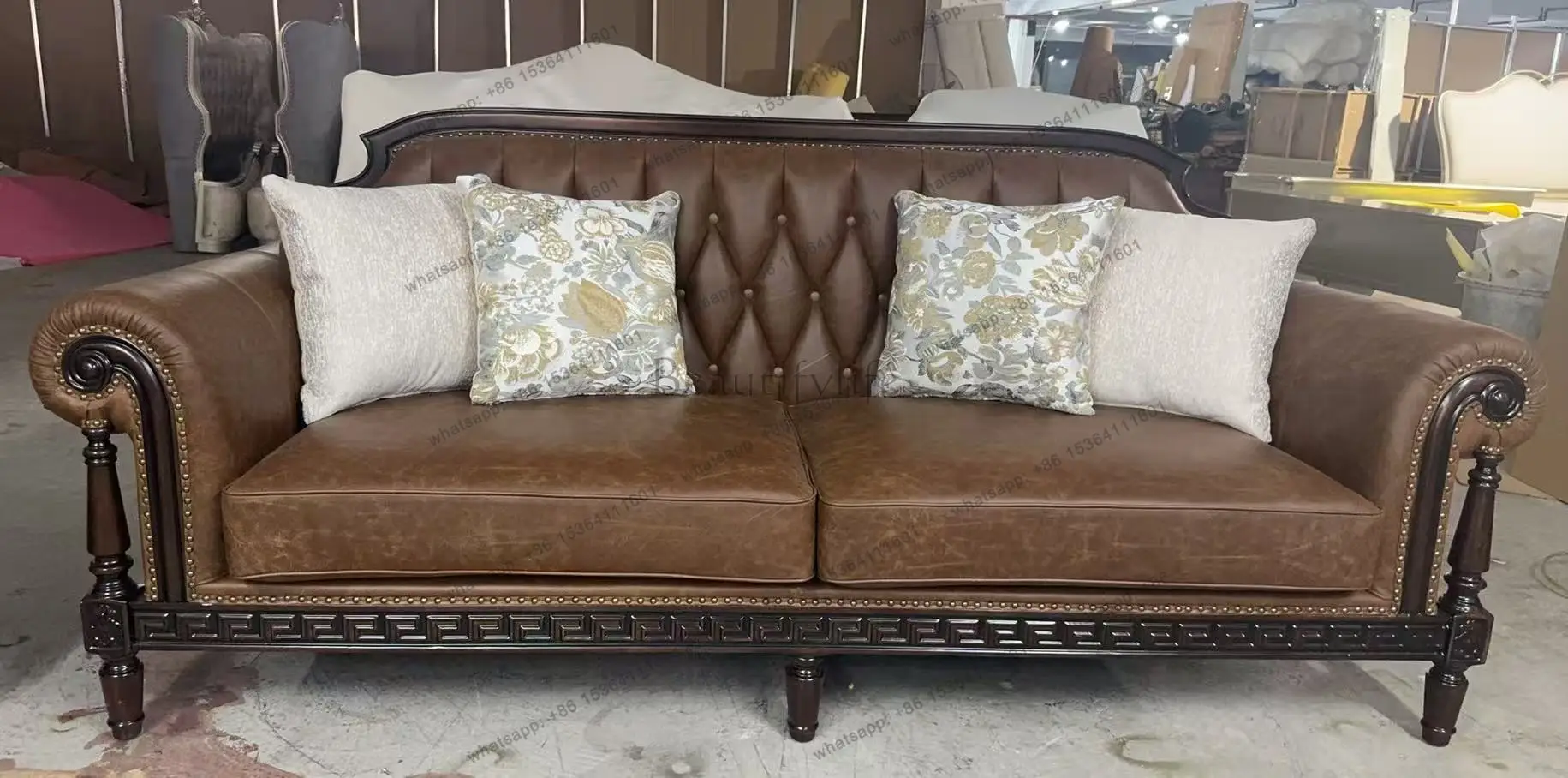 American medieval style retro style all solid wood leather sofa living room furniture three people