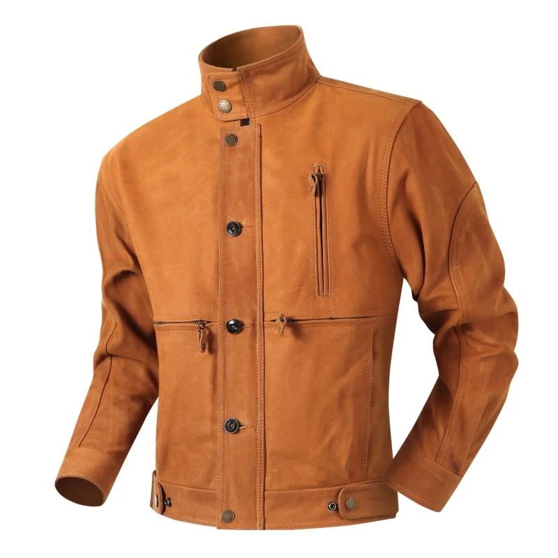 

Retro Oil inding Head Layer Cowhide Genuine Leather Jaet Men's Stand Collar Casual ort Sle Leather Jaet Trendy