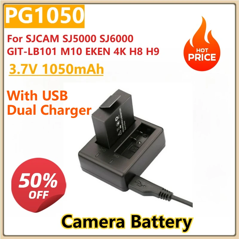 

Replacement Camera Battery 3.7V 1050mAh PG1050 SJ4000 + USB Dual Charger for SJCAM SJ5000 SJ6000 GIT-LB101 M10 EKEN 4K H8 H9